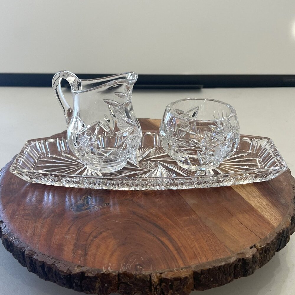 Bohemian Handmade Pinwheel Crystal Creamer, Sugar Bowl & Tray!